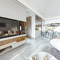 Elegant Modern Open Living And Dining Room With Sofa Dining Table And Decorative Lighting