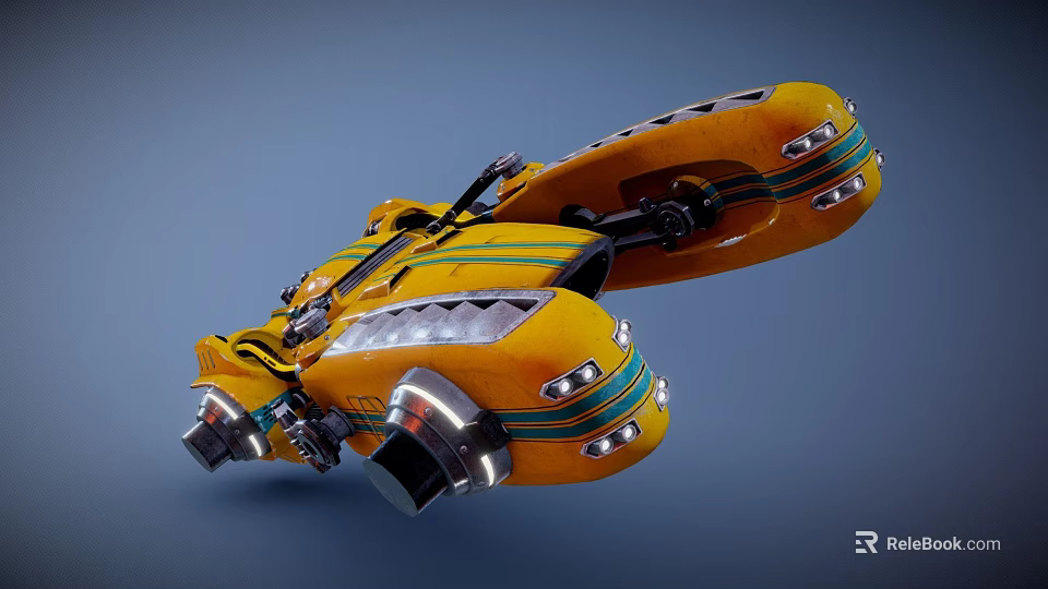 Futuristic Yellow Smart Machine With Sleek Flying Design Green Stripes And Advanced Engines 3d model 