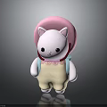 Cute White Cat Character Wearing Pink Hat And Blue Backpack With Overalls