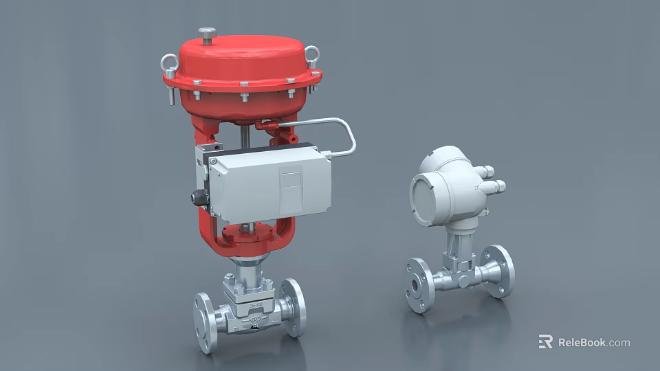 Industrial Equipment Red And White Valves With Control Unit And Pipeline Connections 3d model 