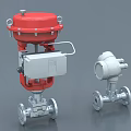 Industrial Equipment Red And White Valves With Control Unit And Pipeline Connections
