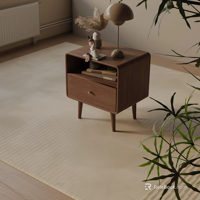 Wooden Brown Bedside Table With Figurine Lamp Books On Beige Rug And Green Plant 3d model 