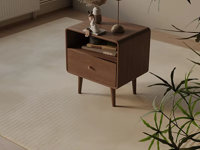 Wooden Brown Bedside Table With Figurine Lamp Books On Beige Rug And Green Plant 3d model