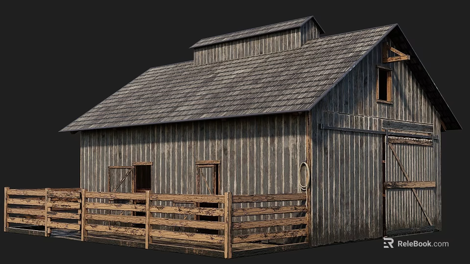 Traditional Wooden Barn Exterior Design With Gray Shingle Roof Small Windows And Wooden Door 3d model 