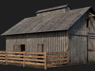 Traditional Wooden Barn Exterior Design With Gray Shingle Roof Small Windows And Wooden Door 3d model