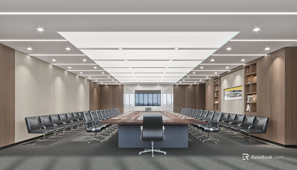 Modern Conference Room Interior With Long Table Black Rolling Chairs And Ceiling Lights 3d model 