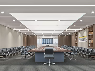 Modern Conference Room Interior With Long Table Black Rolling Chairs And Ceiling Lights 3d model