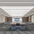 Modern Conference Room Interior With Long Table Black Rolling Chairs And Ceiling Lights