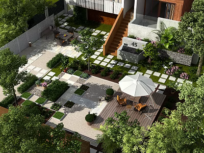 Garden Landscape With Stone Paving Green Plants Wooden Deck And Outdoor Seating 3d model