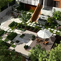 Garden Landscape With Stone Paving Green Plants Wooden Deck And Outdoor Seating