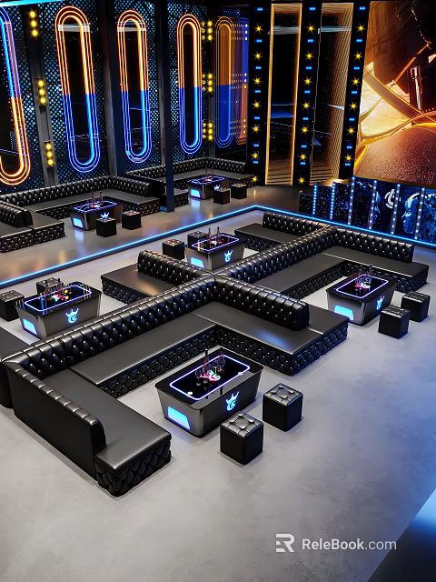 Modern Bar Interior With Neon Lights Black Leather Seats And Illuminated Tables 3d model 