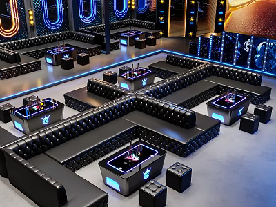Modern Bar Interior With Neon Lights Black Leather Seats And Illuminated Tables 3d model