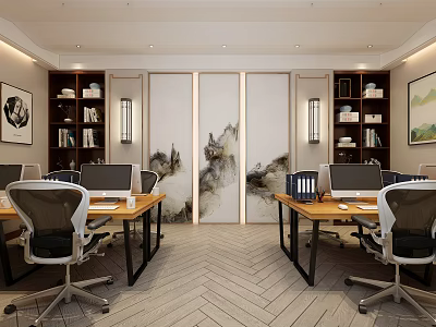 Modern Public Office Space Interior With Desks Computers Ergonomic Chairs Bookshelves And Wall Art 3d model
