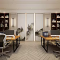 Modern Public Office Space Interior With Desks Computers Ergonomic Chairs Bookshelves And Wall Art