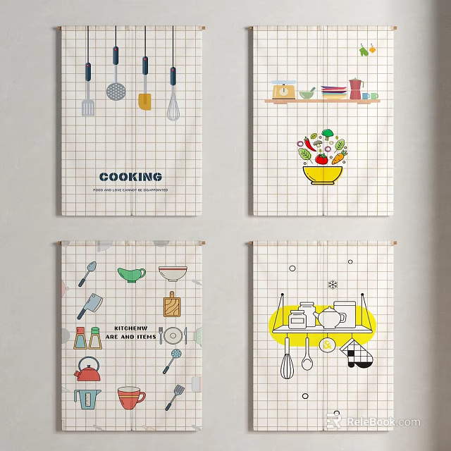 Kitchen Curtains With Cooking Theme Ingredients And Utensils Illustrations On Grid Pattern 3d model