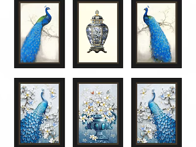 Elegant Framed Wall Art with Blue Peacocks Vases and Floral Patterns 3d model
