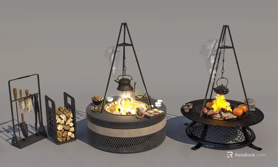 Outdoor Garden Decor With Fire Pits Hanging Kettles Fruits And Wood Stack 3d model 