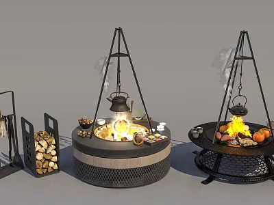 Outdoor Garden Decor With Fire Pits Hanging Kettles Fruits And Wood Stack 3d model