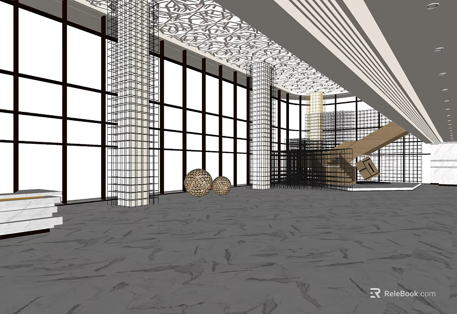 Elegant Hotel Lobby With Floor to Ceiling Windows Decorative Columns Intricate Ceiling and Textured Flooring 3d model 