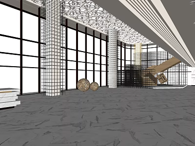 Elegant Hotel Lobby With Floor to Ceiling Windows Decorative Columns Intricate Ceiling and Textured Flooring 3d model
