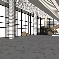 Elegant Hotel Lobby With Floor to Ceiling Windows Decorative Columns Intricate Ceiling and Textured Flooring