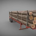 Red Trailer Loaded With Stacked Large Natural Wooden Logs For Transport