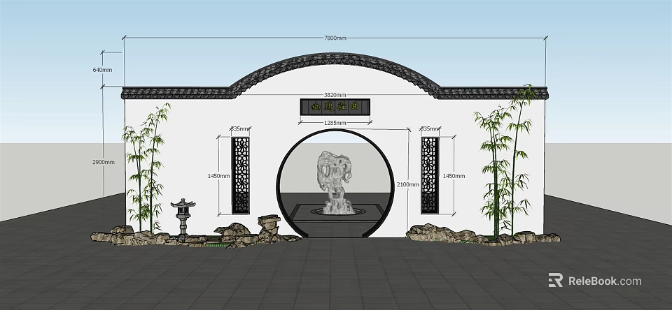 Traditional Chinese Building Facade with Circular Archway Bamboo Plants and Stone Lantern 3d model 