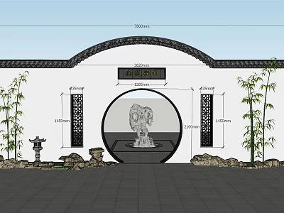 Traditional Chinese Building Facade with Circular Archway Bamboo Plants and Stone Lantern 3d model