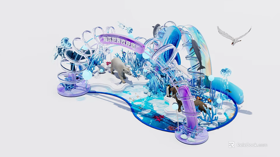 Ocean Themed Photo Check in Spot With Dolphins Whales Corals And Colorful Decorations 3d model 