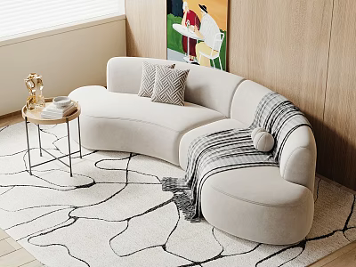 Beige Curved Sectional Sofa With Pillows And Striped Blanket On Area Rug With Wooden Wall 3d model