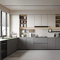 Modern Kitchen Interior With Gray Cabinets Built in Appliances Island And Countertop