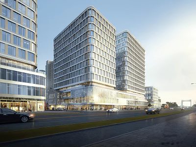 Modern Commercial Street with High Rise Glass Curtain Wall Buildings and Busy Roads 3d model