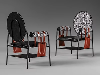 Contemporary Leisure Chair With Black Metal Frame Patterned Backrest And Red Leather Straps 3d model