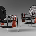 Contemporary Leisure Chair With Black Metal Frame Patterned Backrest And Red Leather Straps