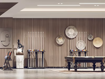 Modern Entertainment Room Interior With Billiard Table And Art Decorations 3d model