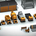 Construction Vehicles at Construction Site Featuring Crane Excavator Concrete Mixer Dump Trucks and Materials