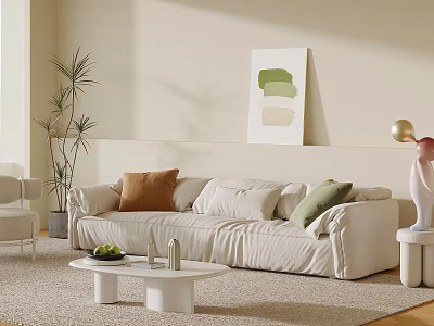 Beige Multi Person Sofa with Colorful Cushions Coffee Table Green Plant and Abstract Art 3d model