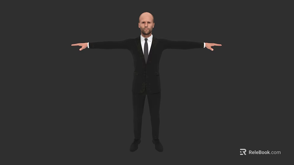 Game And Movie Character Bald Head In Black Suit With Tie Standing Arms Outstretched 3d model 