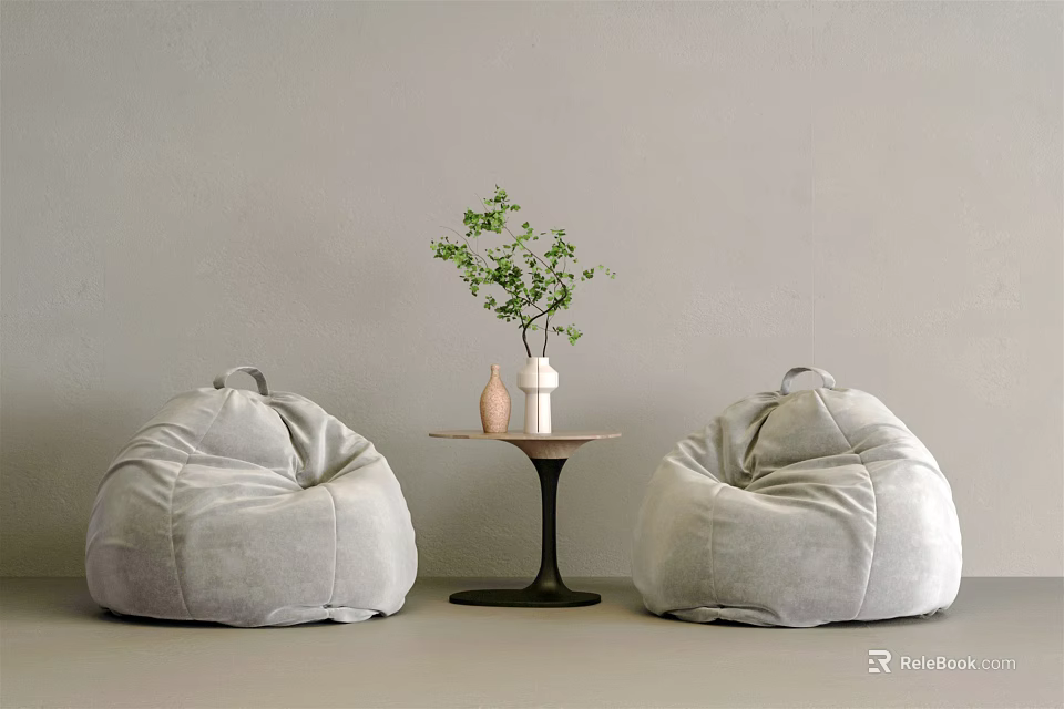 Modern Minimalist Bean Bag Chairs And Small Table Interior Setup With Vase And Green Plant 3d model 