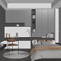 Modern Minimalist Tatami Bedroom Interior Design With Gray Cabinets Desk And Chair