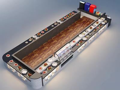 Sushi Conveyor Belt Layout With Plates Of Sushi Wooden Countertop Drinks And Condiments 3d model