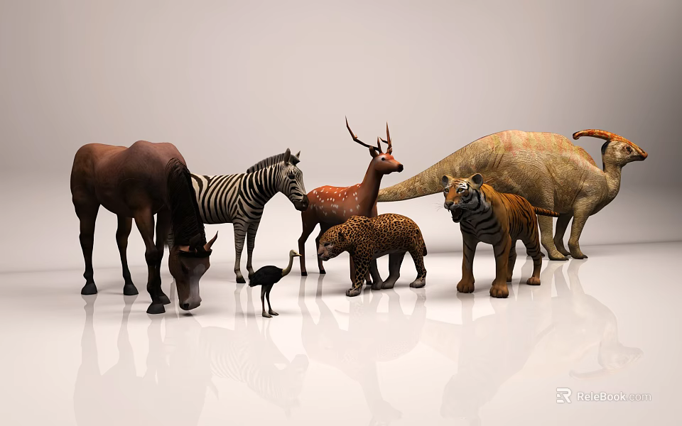 Reptile Dinosaur In Animal Collection With Horse Zebra Deer And Tiger 3d model 