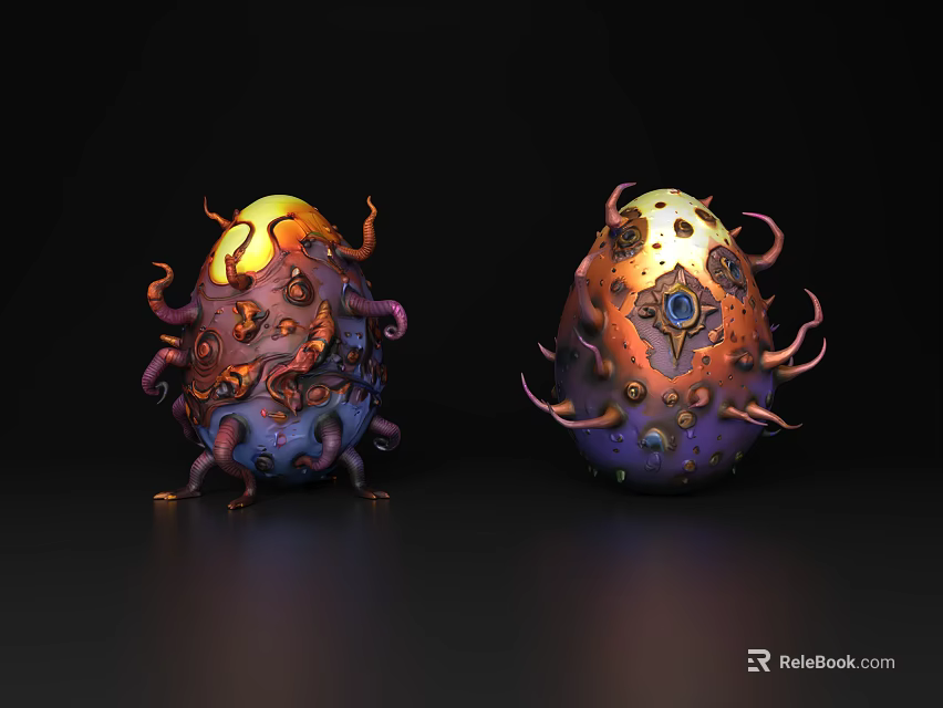 Decorative Ornament Set With Tentacle Details Gold Copper Purple Accents Fantasy Style Gemstone Inlays 3d model 