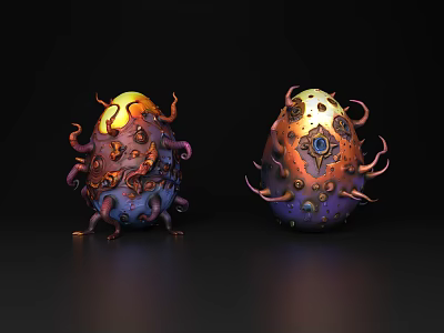 Decorative Ornament Set With Tentacle Details Gold Copper Purple Accents Fantasy Style Gemstone Inlays 3d model