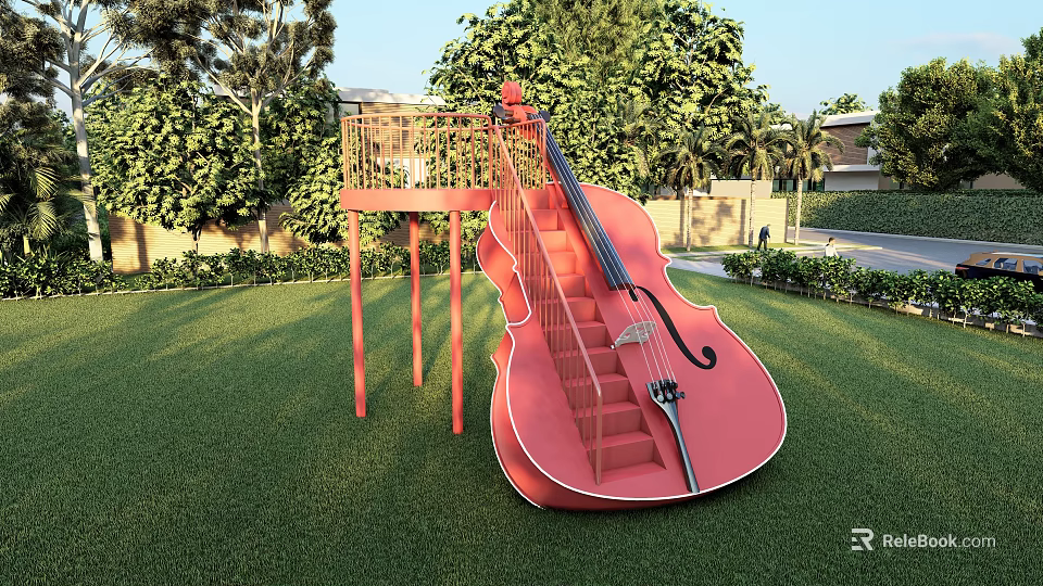 Scenic View of Giant Pink Cello Structure With Staircase on Lush Green Lawn and Trees 3d model 