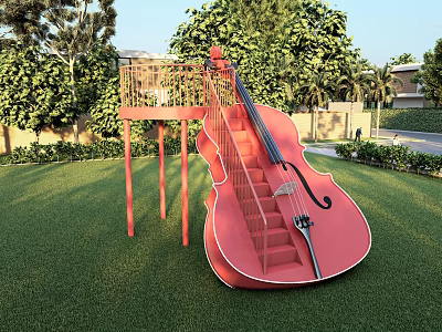 Scenic View of Giant Pink Cello Structure With Staircase on Lush Green Lawn and Trees 3d model