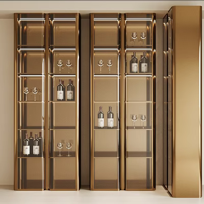 Elegant Gold Wine Cabinet with Glass Shelves Displaying Wine Bottles and Glasses 3d model