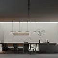 Modern Minimalist Restaurant Interior With Long Dining Table Chairs Pendant Lights And Plant Decor