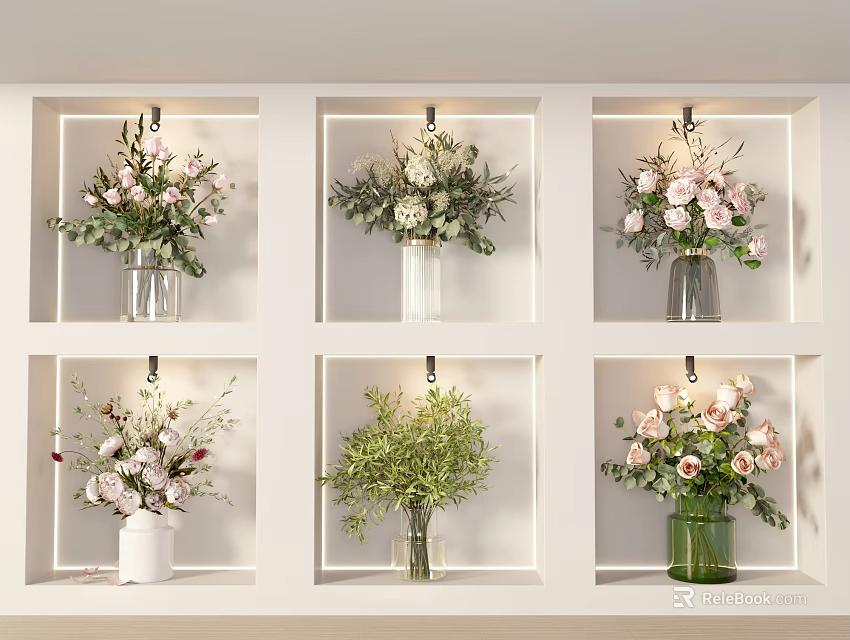 Decorative Vase Flowers with Pink White Blooms and Green Foliage on Grid Shelves 3d model 