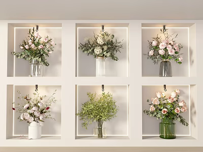Decorative Vase Flowers with Pink White Blooms and Green Foliage on Grid Shelves 3d model